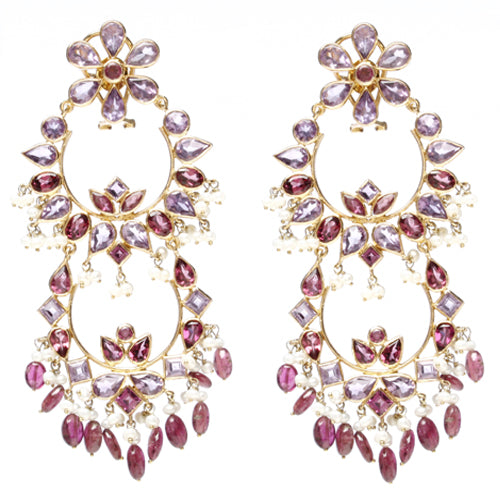 14k yellow gold chandelier earrings with amethysts, and tourmaline.