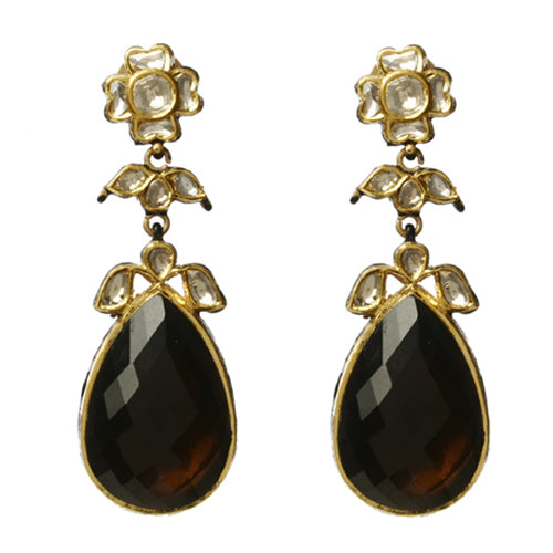 22k gold earring with uncut diamonds and smokey quartz