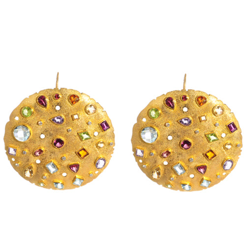 14k gold earring with diamonds, amethyst, blue topaz, citrine, peridot, and tourmaline