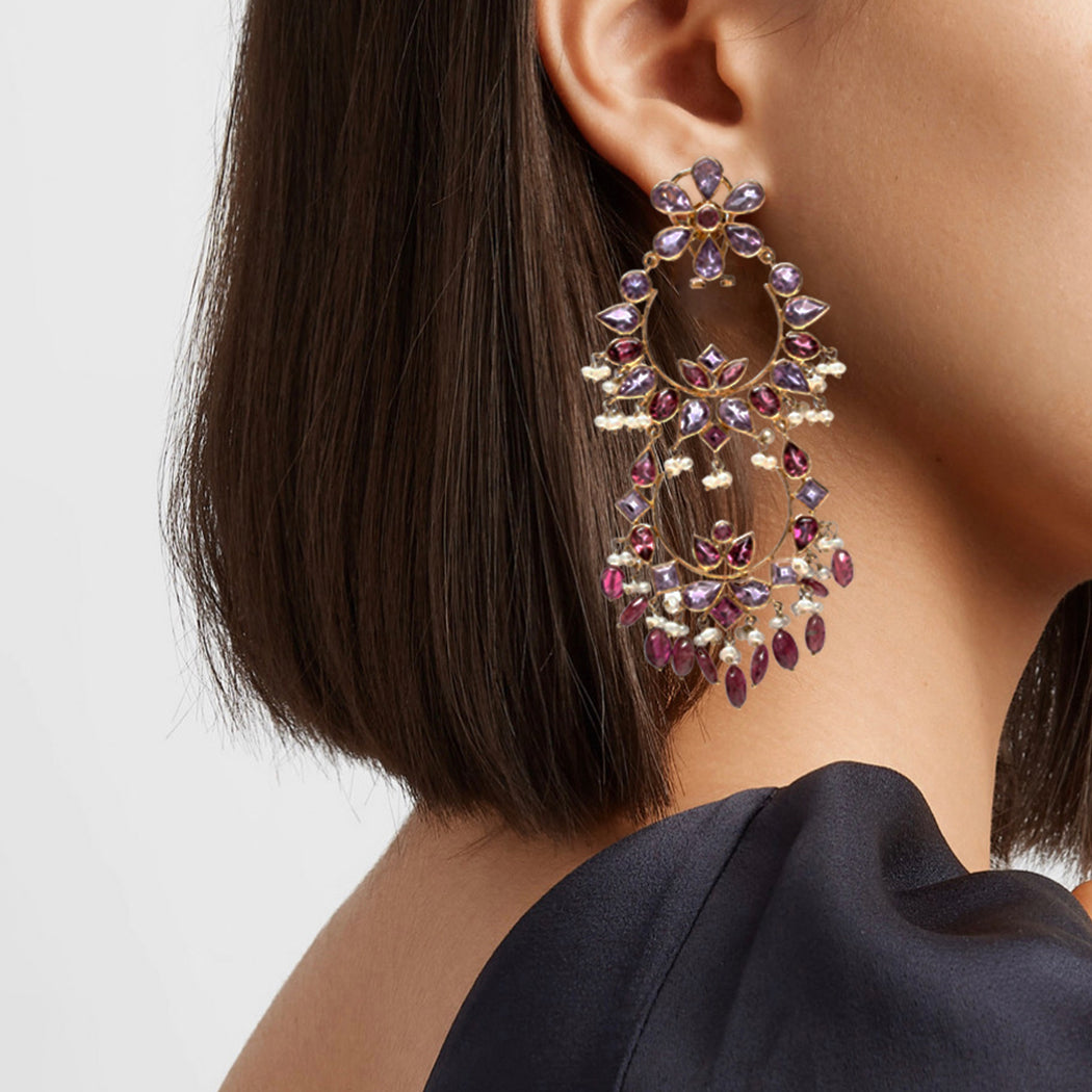 14k yellow gold chandelier earrings with amethysts, and tourmaline.