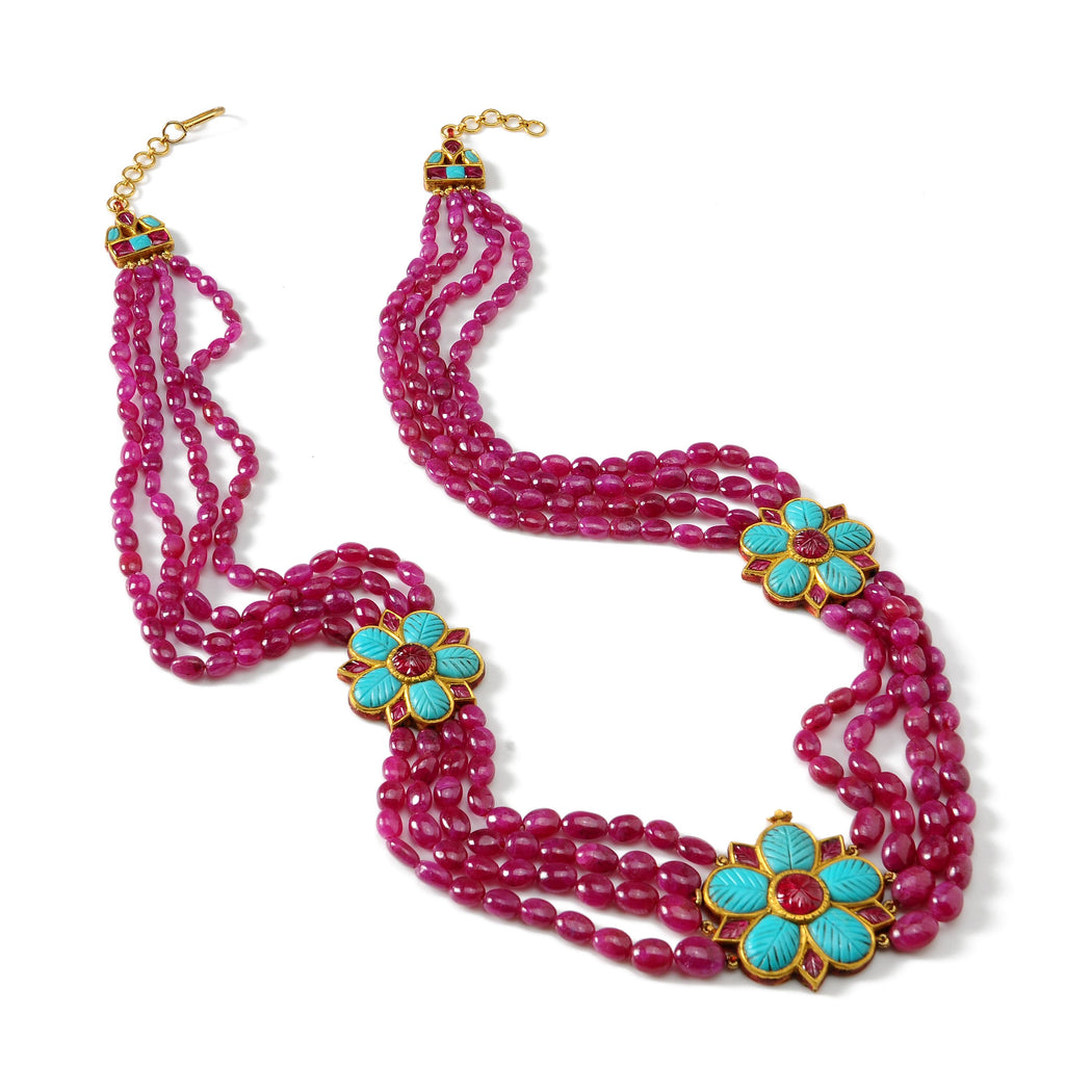 22K Gold Ruby Turquoise and Spinel Barkha Necklace