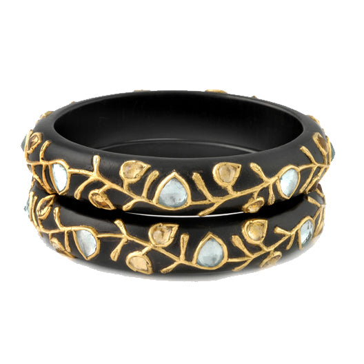 22K gold work on ebony wood bangle with citrine and blue topaz stones