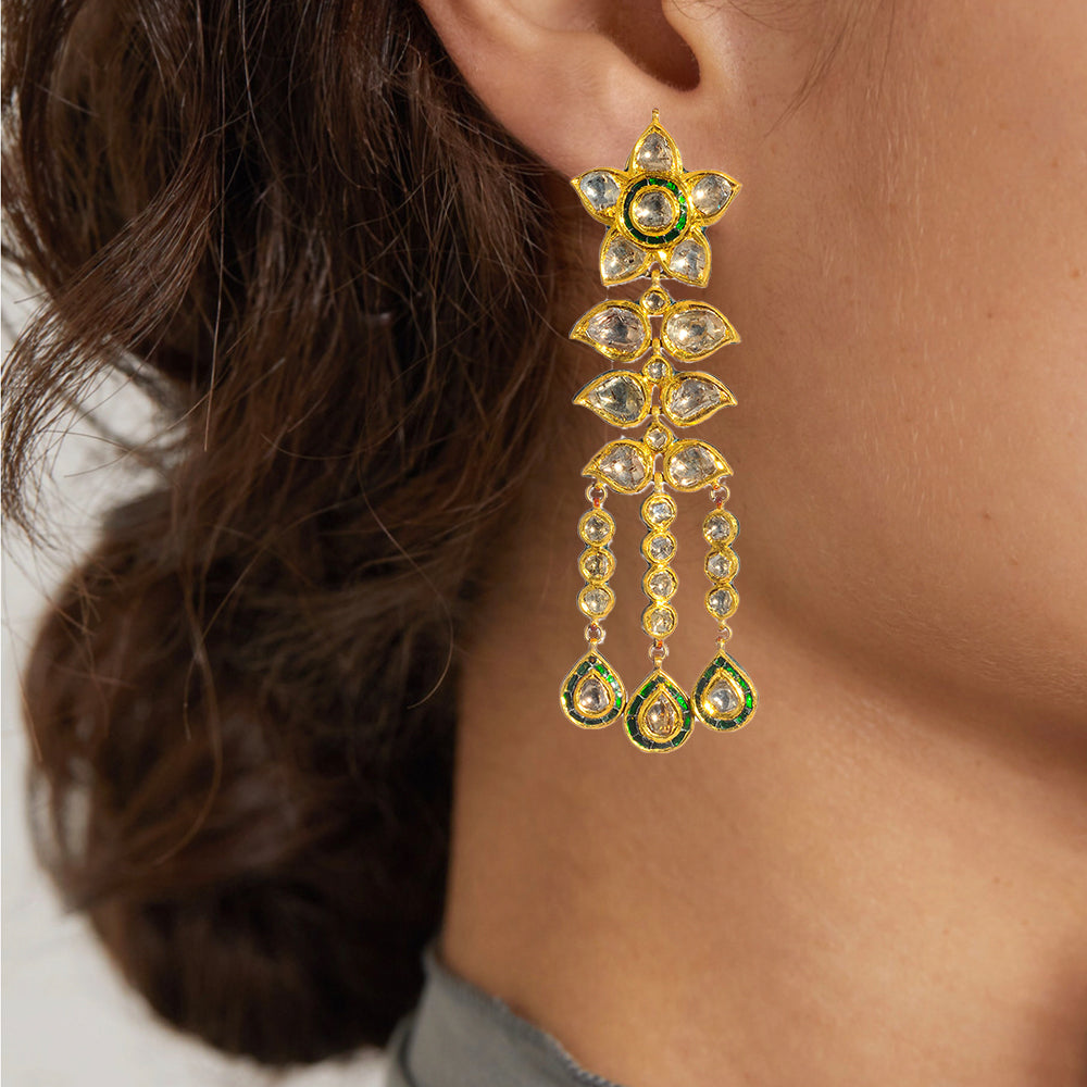 22k Gold Uncut Diamond and Enamel Komal Earring