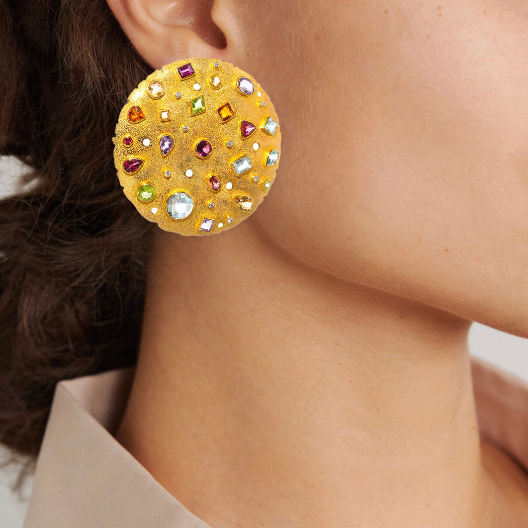 14k gold earring with diamonds, amethyst, blue topaz, citrine, peridot, and tourmaline