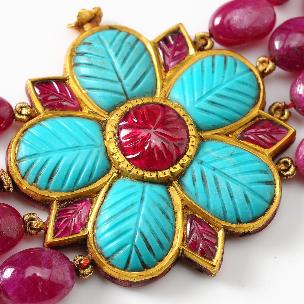 22K Gold Ruby Turquoise and Spinel Barkha Necklace