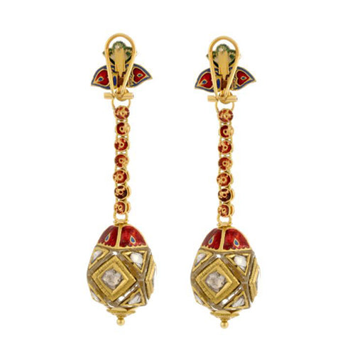 22k gold long "lantern" design earrings with uncut diamonds and red enamel detailing.