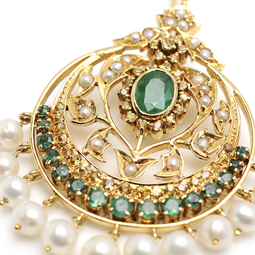 14k gold, uncut diamonds and emeralds with fresh water pearl drops earring