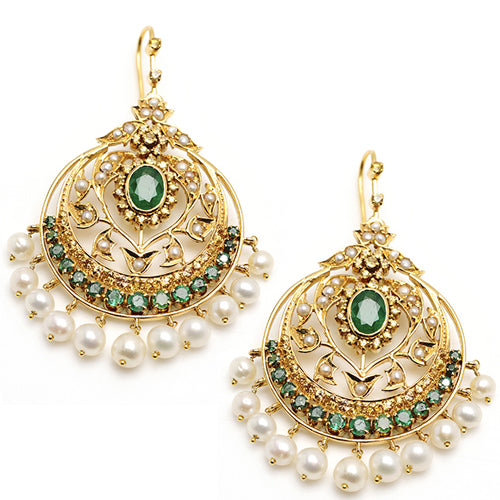 14k gold, uncut diamonds and emeralds with fresh water pearl drops earring