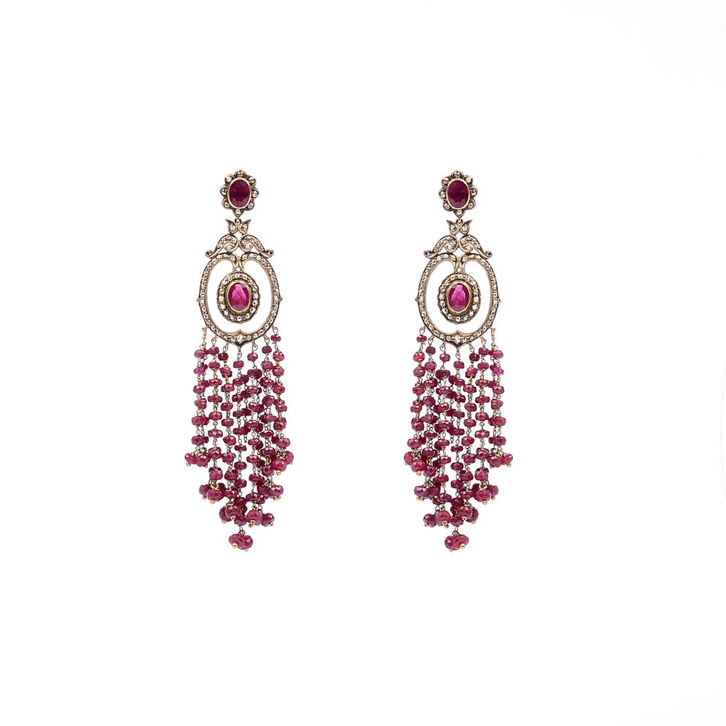 18k Gold Multi-Strand Ruby and Uncut Diamond Earring