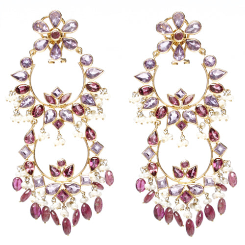 14k yellow gold chandelier earrings with amethysts, and tourmaline.