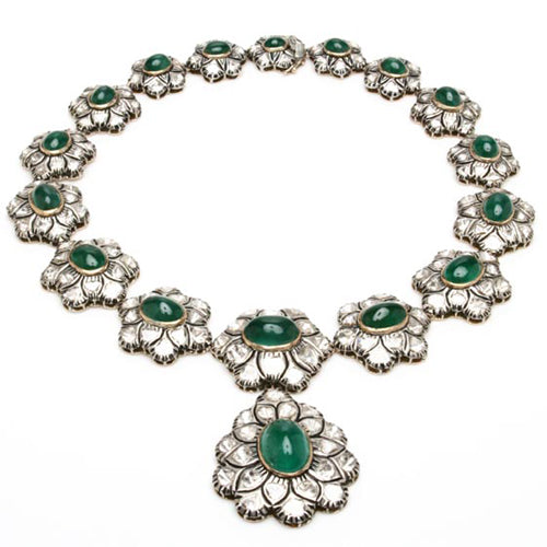 18k gold rose cut diamond and large cabochon emerald necklace