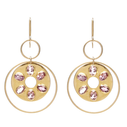 14k gold circular earring with pink tourmaline.