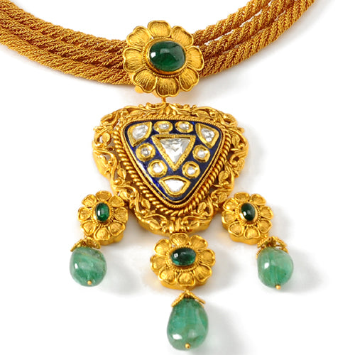 22k Gold Uncut Diamond and Emerald Necklace