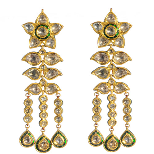 22k gold post earring with uncut diamonds and enamel detail on back