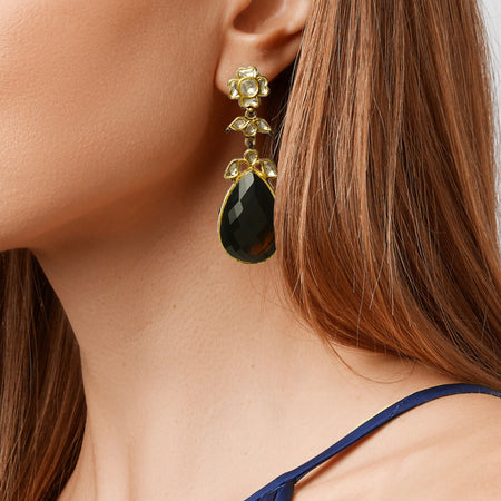 22k gold earring with uncut diamonds and smokey quartz