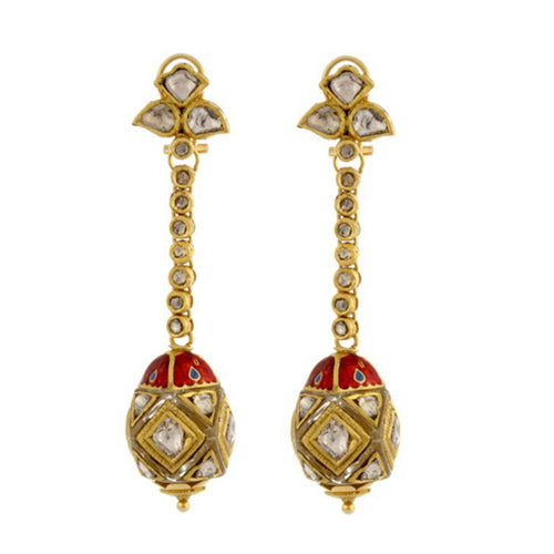 22k gold long "lantern" design earrings with uncut diamonds and red enamel detailing.